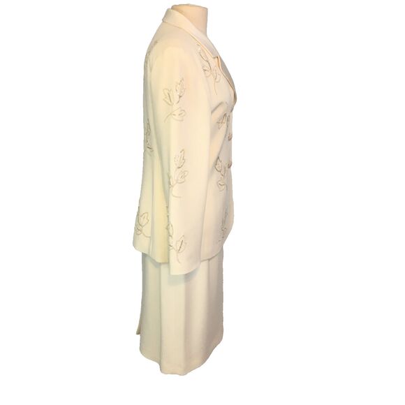 Albert Nipon Evening White Ivory Beaded Skirt Suit, Blazer, Leaves, 38‎ Chest, M - Picture 7 of 15